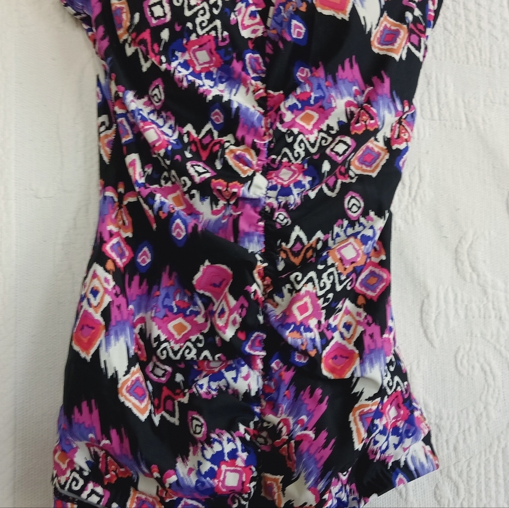 Purple Tribal Print Swimsuit Tummy Control Ruched Padded Cup Modest Medium - Picture 4 of 14